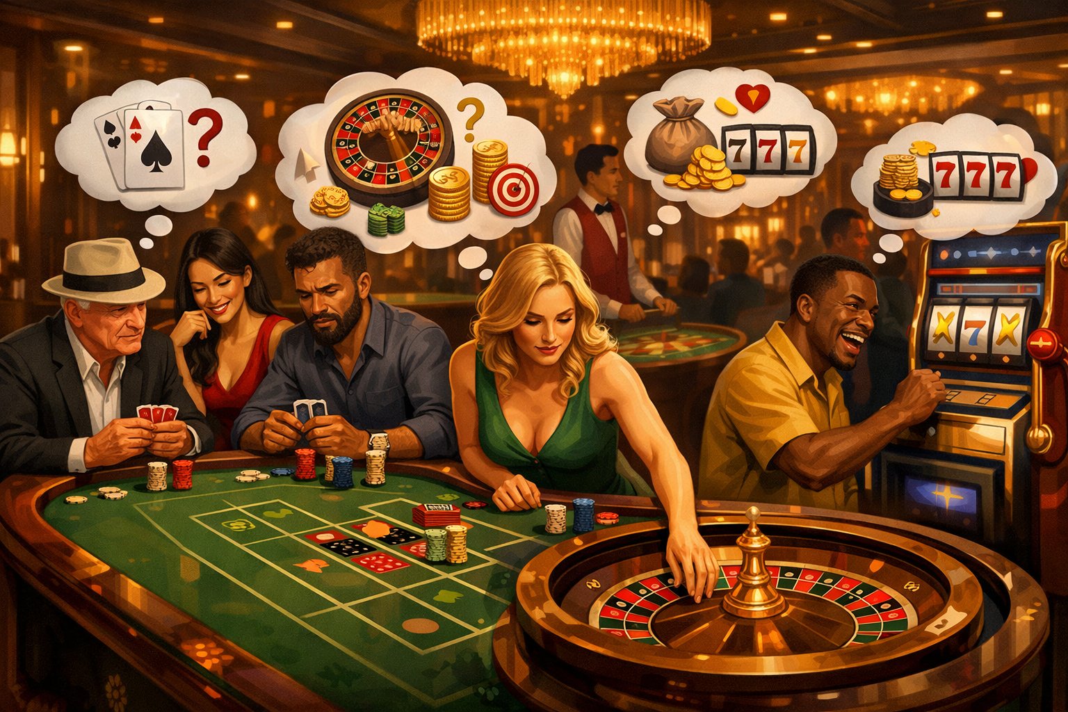 বিভিন্ন ক্যাসিনো গেম খেলছে বিভিন্ন মানুষ, যেমন পোকার, রুলেট এবং স্লট মেশিন, একটি আধুনিক ক্যাসিনোর ভিতরে।