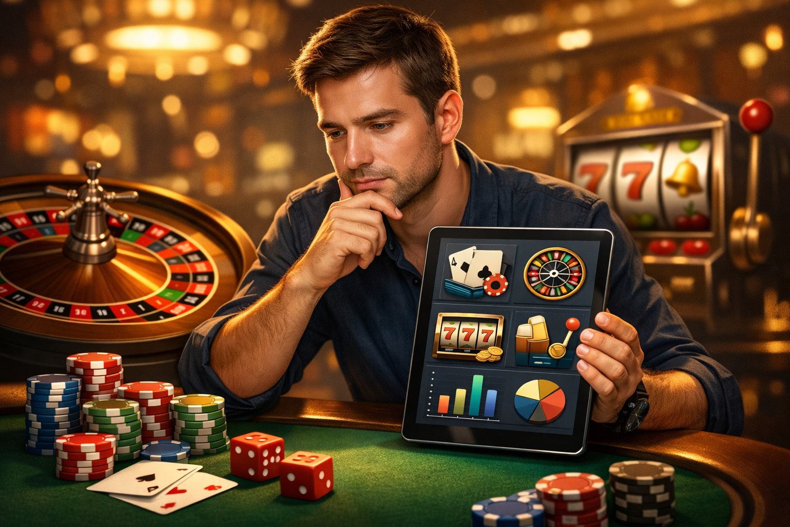 একজন ব্যক্তি ক্যাসিনোর বিভিন্ন গেম উপকরণের সামনে বসে নিজের খেলার ধরন অনুযায়ী সঠিক গেম বেছে নিচ্ছেন।