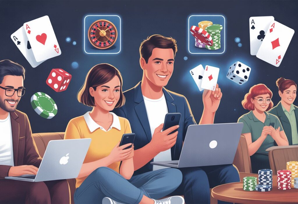 অনলাইনে ক্যাসিনো গেম খেলতে ঘরে ল্যাপটপ এবং স্মার্টফোন ব্যবহার করছেন বিভিন্ন বয়সের মানুষরা।