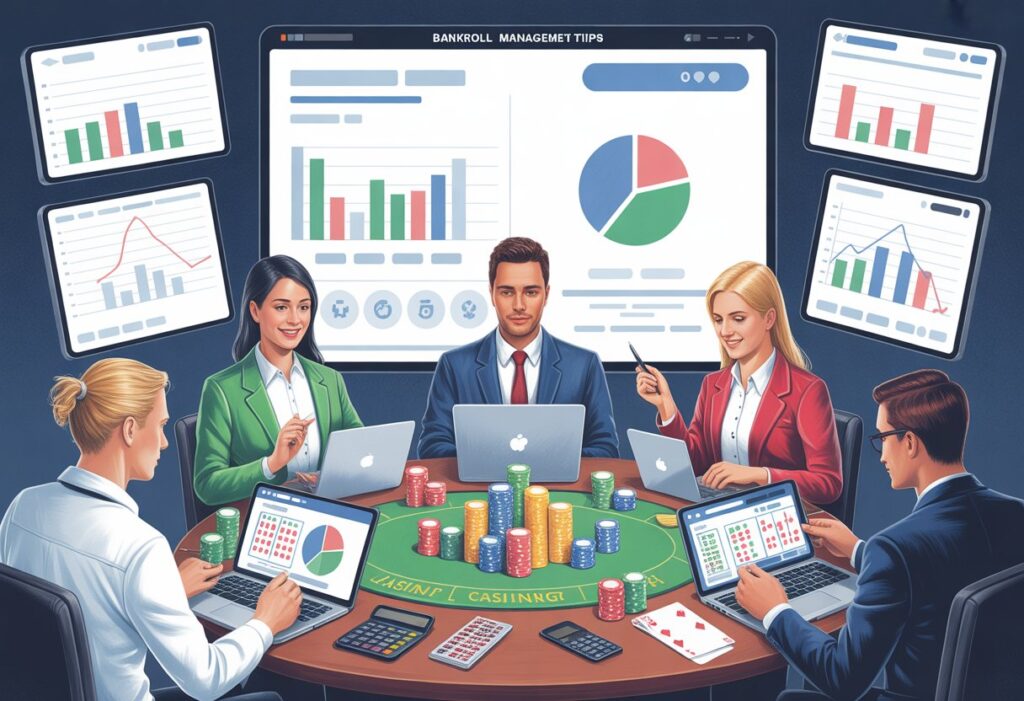 অনলাইন ক্যাসিনো খেলোয়াড়রা একটি টেবিলের চারপাশে বসে বাজেট এবং কৌশল নিয়ে আলোচনা করছে, বিভিন্ন ডিভাইসে ক্যাসিনো গেম এবং আর্থিক চার্ট দেখা যাচ্ছে।