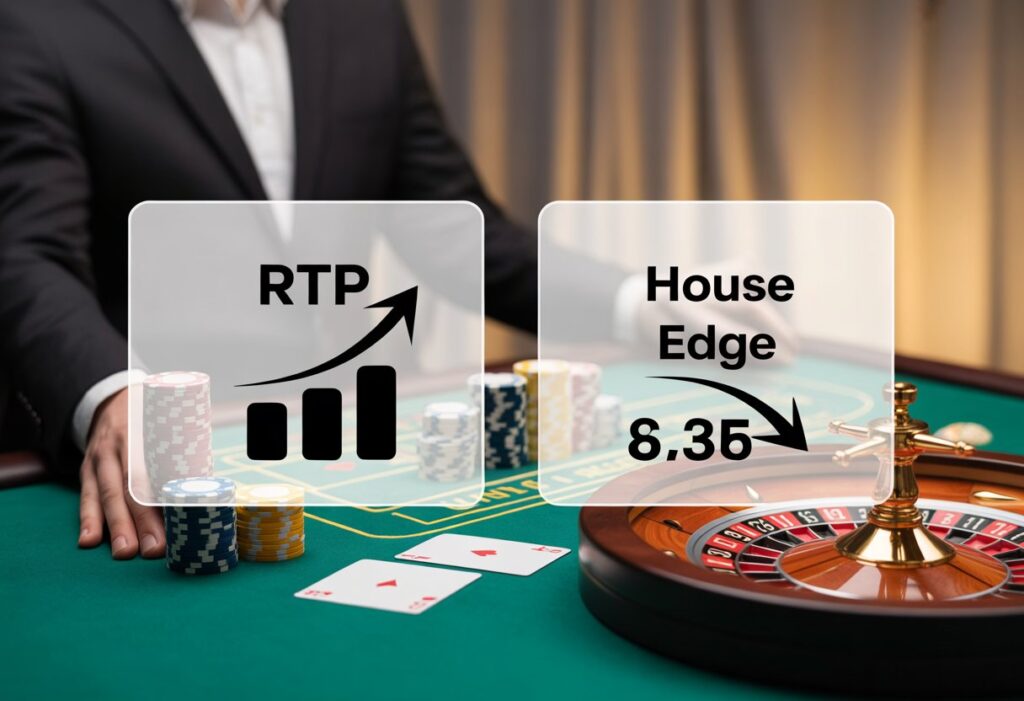 ক্যাসিনো টেবিল, পকার চিপস, কার্ড ও রুলেট চাকা সহ একটি দৃশ্য যেখানে আরটিপি এবং হাউস এজ বোঝানোর জন্য ইনফোগ্রাফিক্স দেখানো হয়েছে।