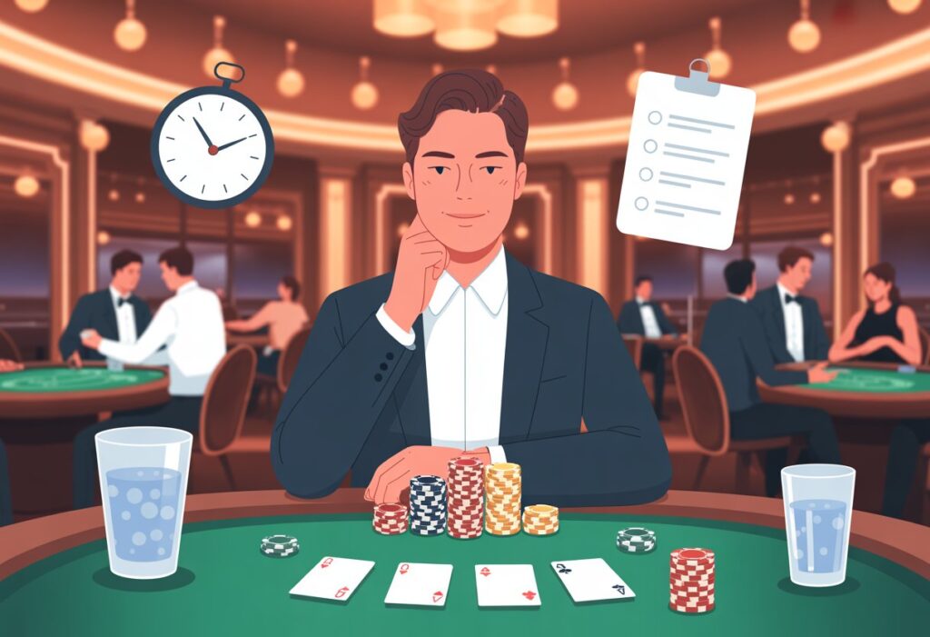 একজন ব্যক্তি ক্যাসিনোতে শান্ত ও মনোযোগ সহকারে স্মার্ট খেলার অভ্যাস অনুসরণ করছেন।