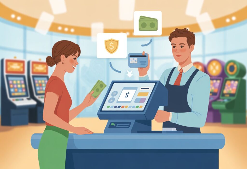 একজন গ্রাহক ক্যাসিনোর কাউন্টারে টাকা জমা দিচ্ছেন, একজন কর্মী কম্পিউটারে লেনদেন করছেন।