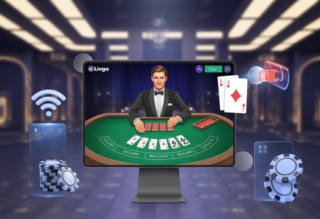 একজন ডিলার অনলাইনে লাইভ ব্যাকারাট খেলাচ্ছেন, একটি কম্পিউটার বা ট্যাবলেটের স্ক্রিনে খেলার দৃশ্য দেখা যাচ্ছে।