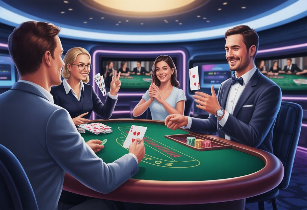 একজন লাইভ ডিলার ক্যাসিনো টেবিলের সামনে বসে খেলোয়াড়দের সঙ্গে ইন্টারঅ্যাক্ট করছেন, যারা কম্পিউটার ও মোবাইল স্ক্রিনের মাধ্যমে খেলা দেখতে উৎসাহী।